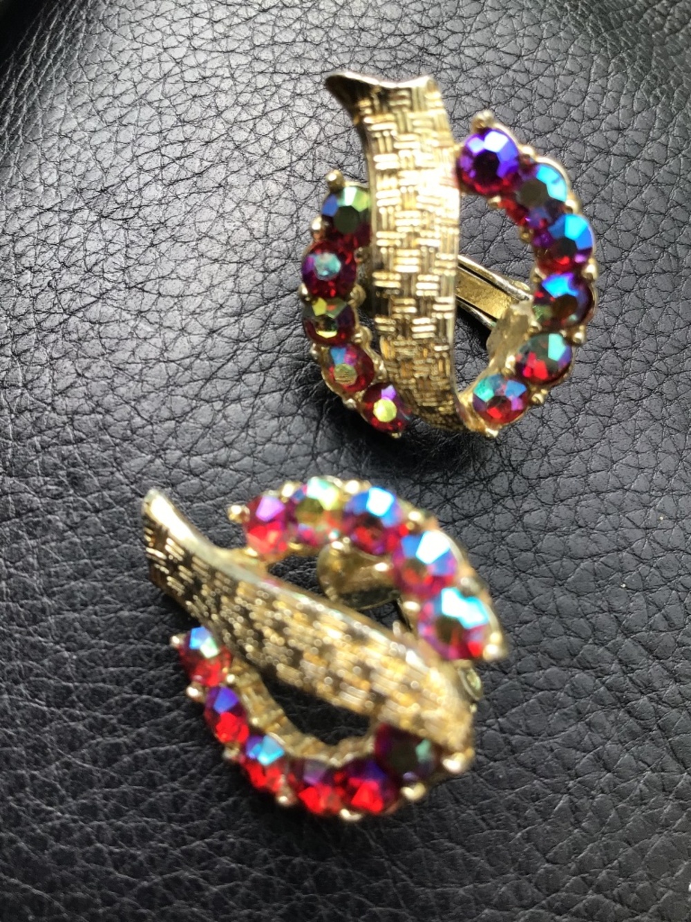 Vintage Iridescent Rhinestone Coro Signed Clip On Earrings
